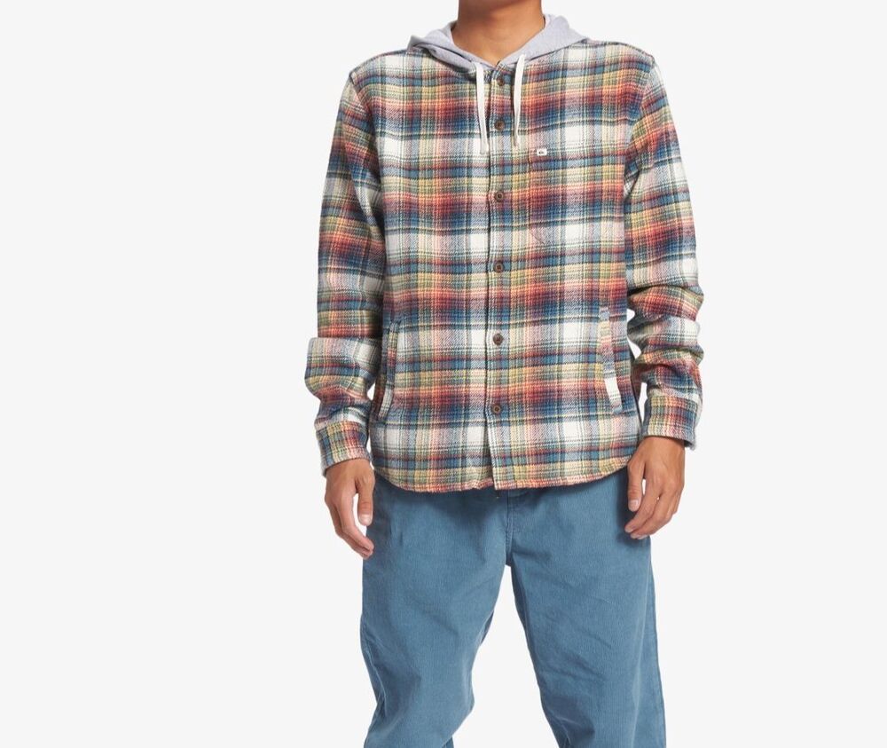 QUIKSILVER Button Shirt Mens XL Grey Multi Hooded Flannel Regular Fit BRIGGS